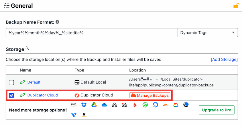 Backup na nuvem do Duplicator Lite