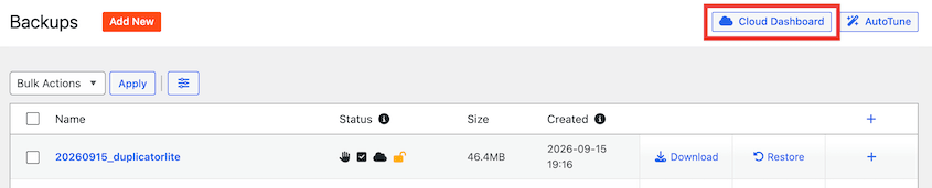 Open Duplicator Cloud dashboard from Duplicator Lite