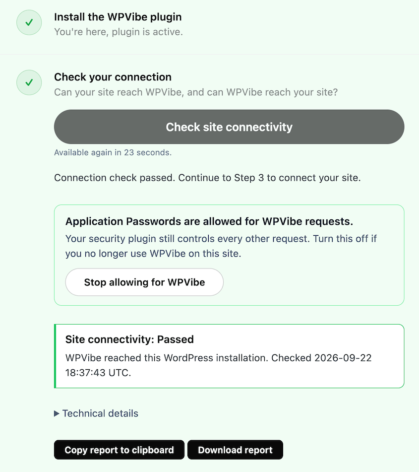 WPVibe connectivity check