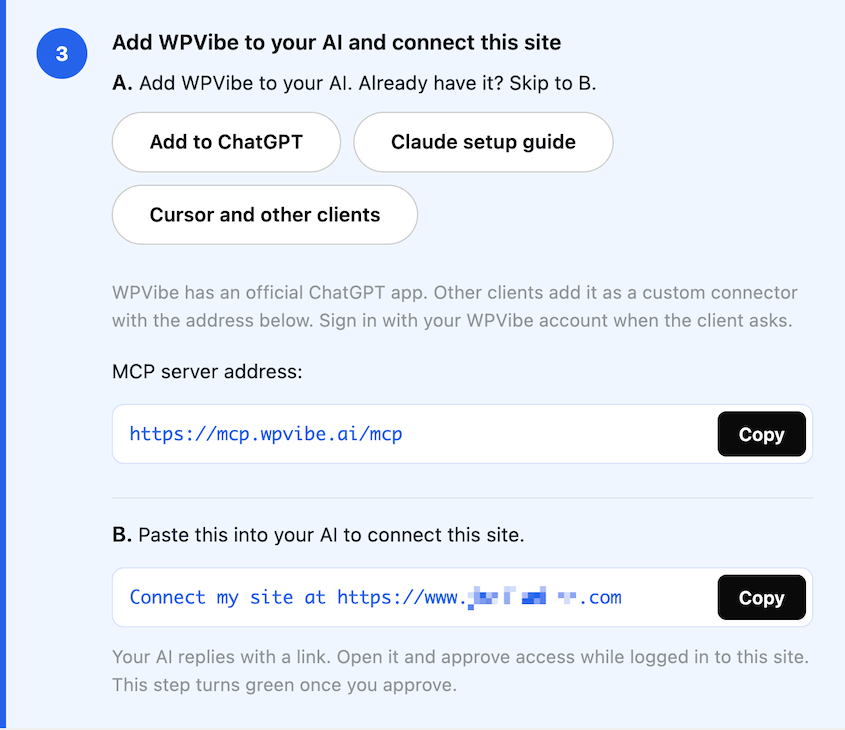 WPVibe MCP server address