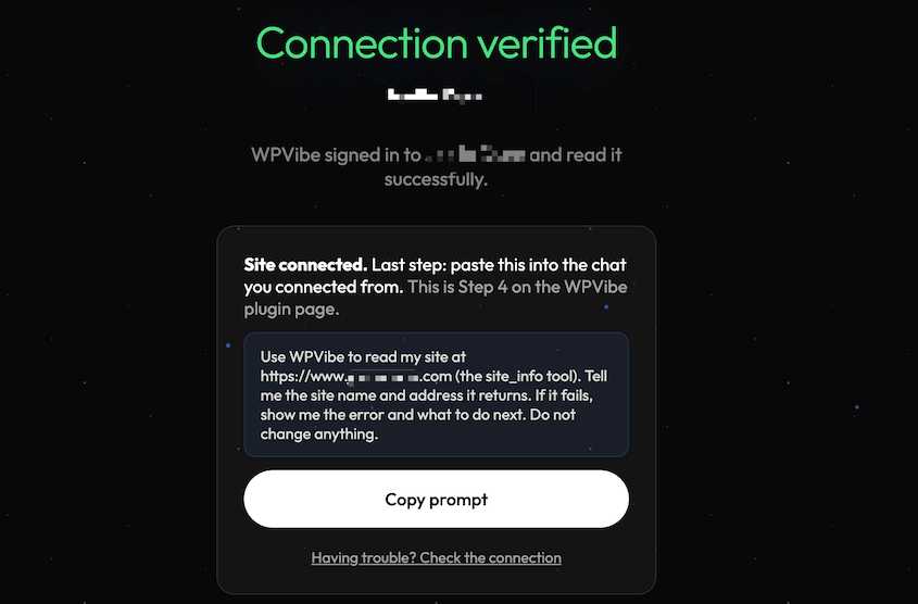 WPVibe verified connection
