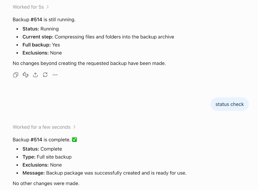 WordPress AI backup status