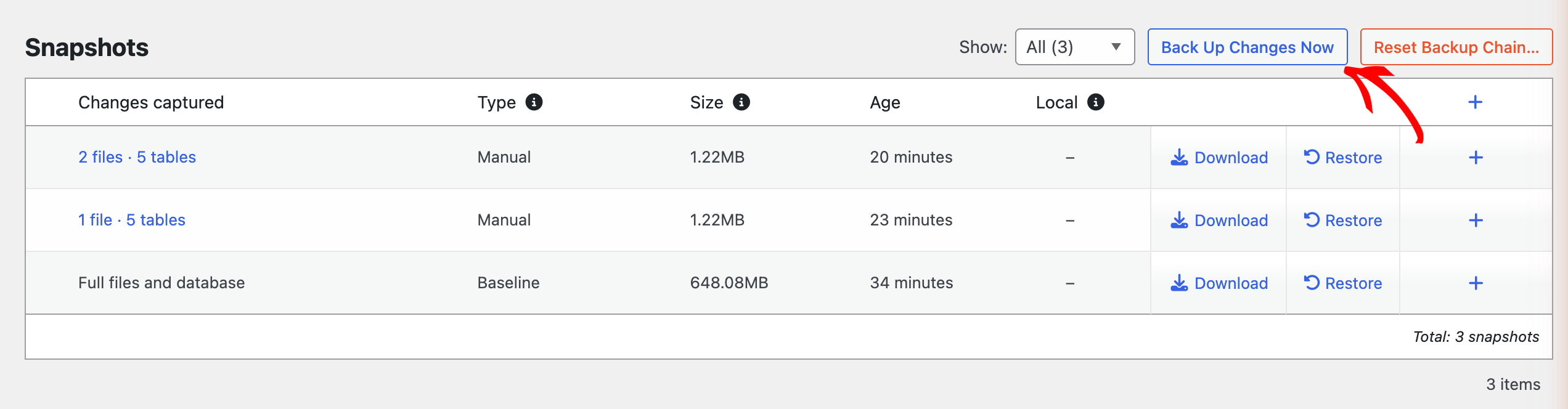 UI: Snapshot management panel showing three backups with Download and Restore actions and a Reset Backup Chain button