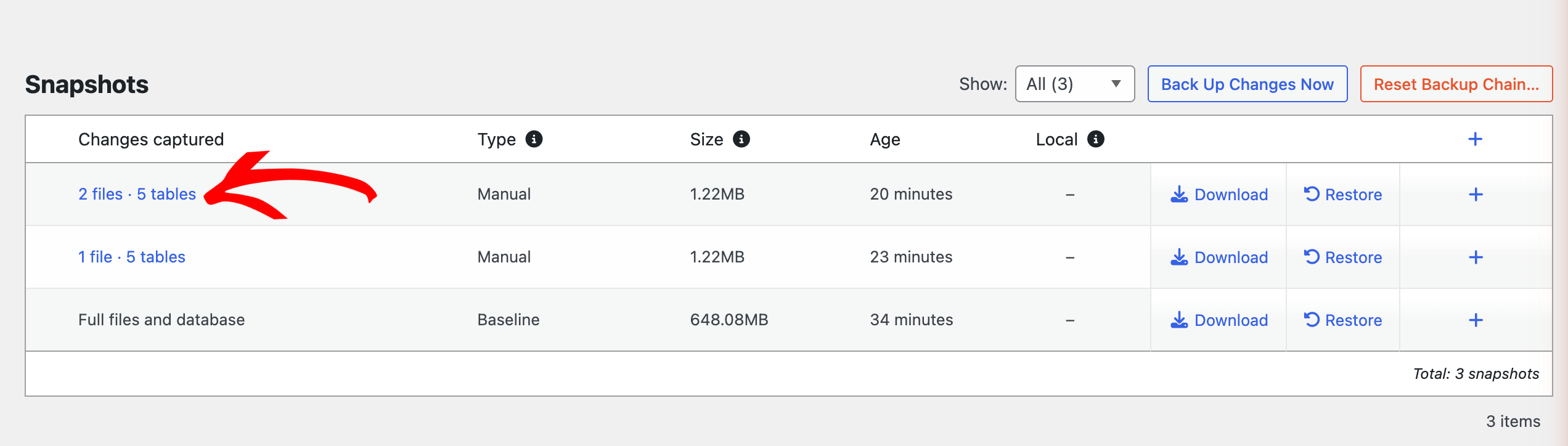 Snapshots table showing three entries: two manual snapshots and one baseline, with sizes ~1.22MB and ages 20–34 minutes; Download/Restore actions present.