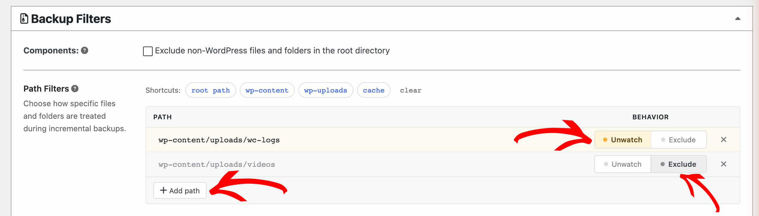 Backup Filters UI showing two paths (wp-content/uploads/wc-logs and wp-content/uploads/videos) with Unwatch and Exclude actions, plus an Add path button.