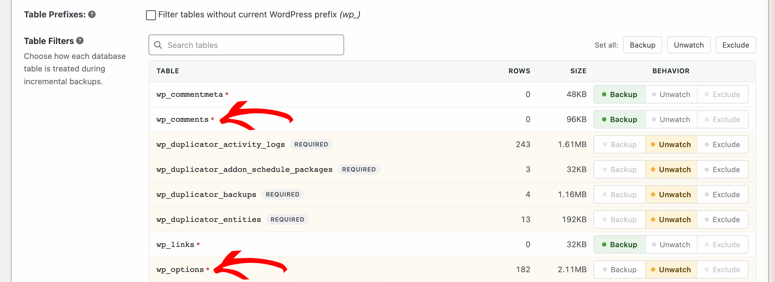 WordPress database tables with per-table backup controls; examples include wp_comments and wp_options.