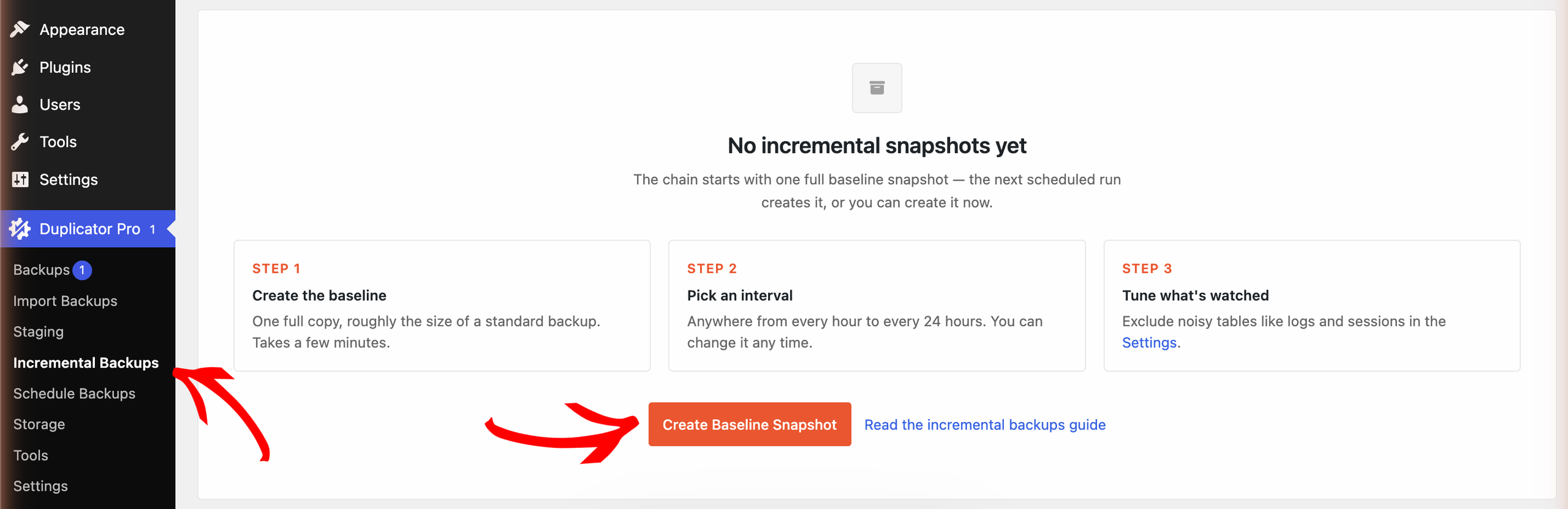 Dashboard UI showing no incremental snapshots yet, with Step cards and an orange 'Create Baseline Snapshot' button for backups.
