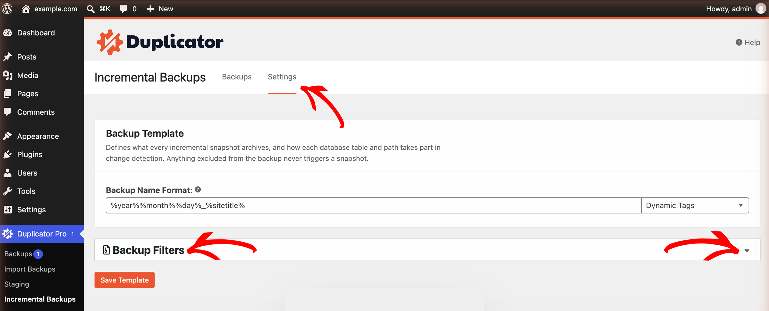 WordPress admin screen for Duplicator Pro Incremental Backups with Backups and Settings tabs visible